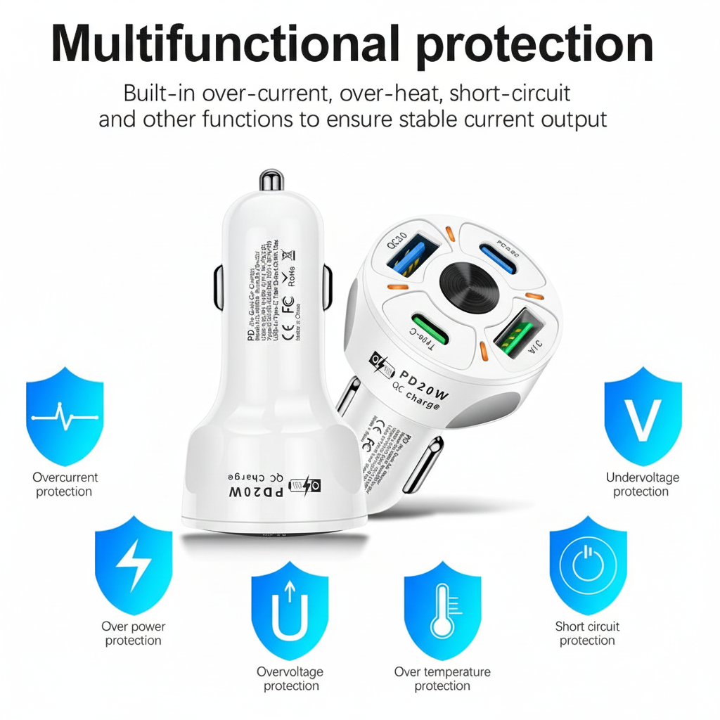 4 Outlets, White, Car Cell Phone Charger, High Power, 20W