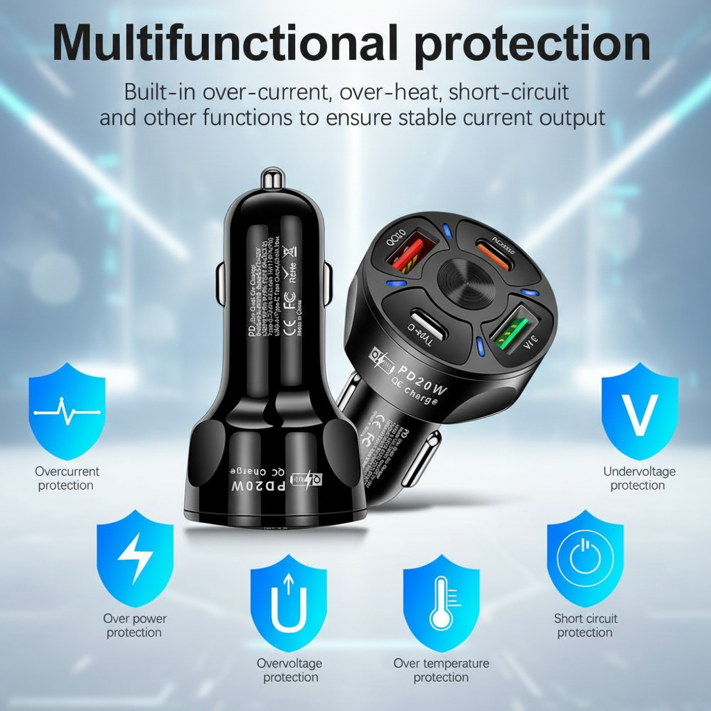 4 Outlets, Black, Car Cell Phone Charger, High Power, 20W