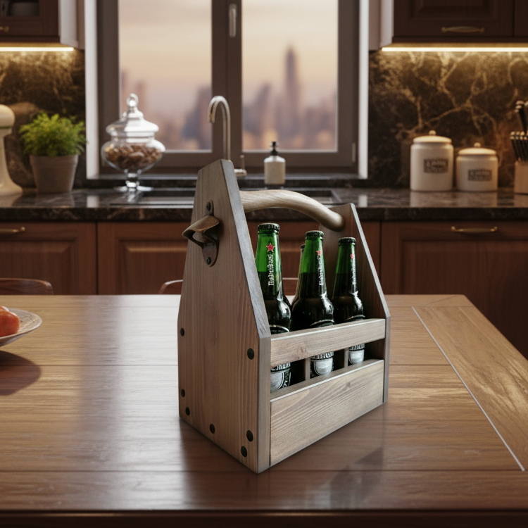 Beer Carrying Box with Bottle Opener. Fits 6 Beer bottles or cans. Natural Hardwood.