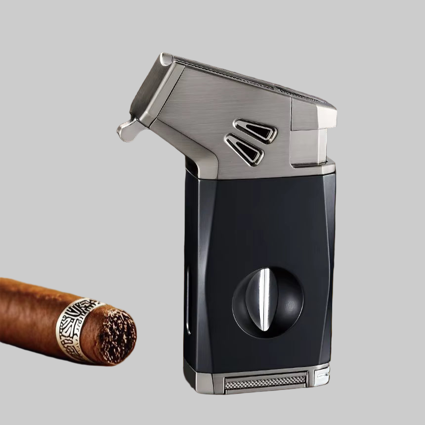 Cigar Lighter Torch, "Business Black", with V-shaped Cigar Cutter