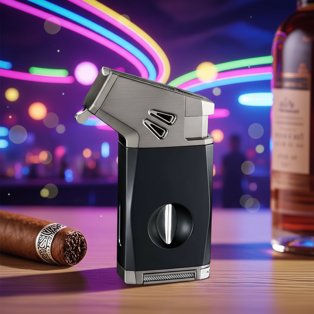 Cigar Lighter Torch, "Business Black", with V-shaped Cigar Cutter