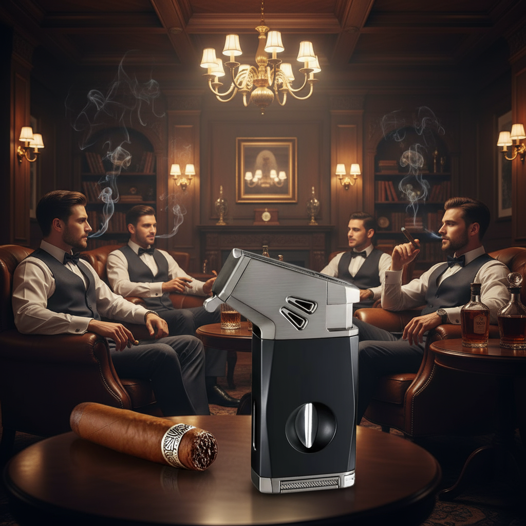 Cigar Lighter Torch, "Business Black", with V-shaped Cigar Cutter