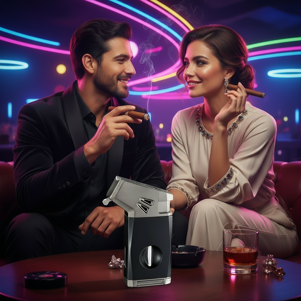 Cigar Lighter Torch, "Business Black", with V-shaped Cigar Cutter