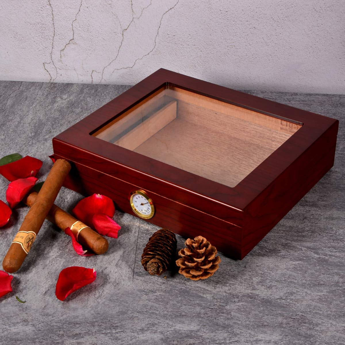 Cigar Box, Spanish Cedar, Brown, with Hygrometer and Humidor, 9x7 inch
