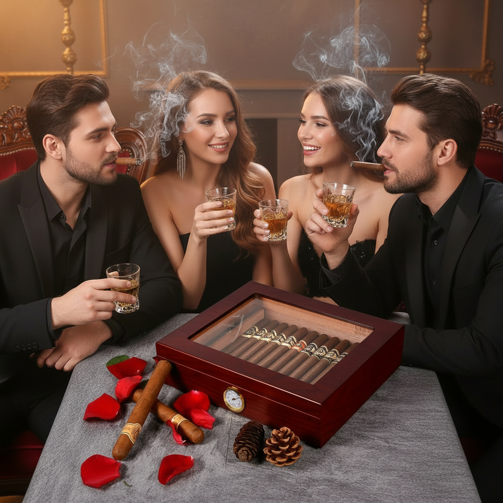 Cigar Box, Spanish Cedar, Brown, with Hygrometer and Humidor, 9x7 inch