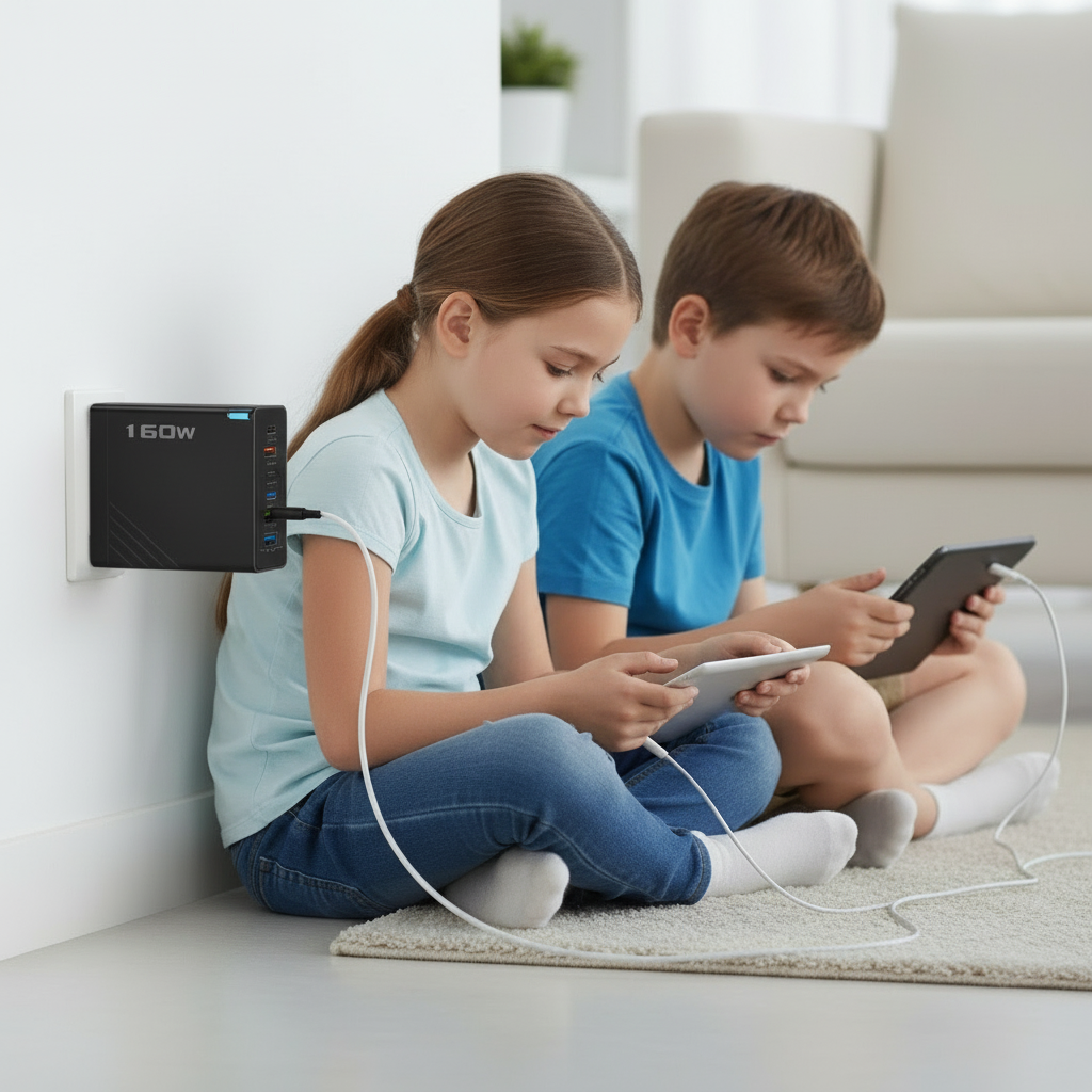 6 Outlets Charging Station, Black,  Extra High Power 160W, Box Included