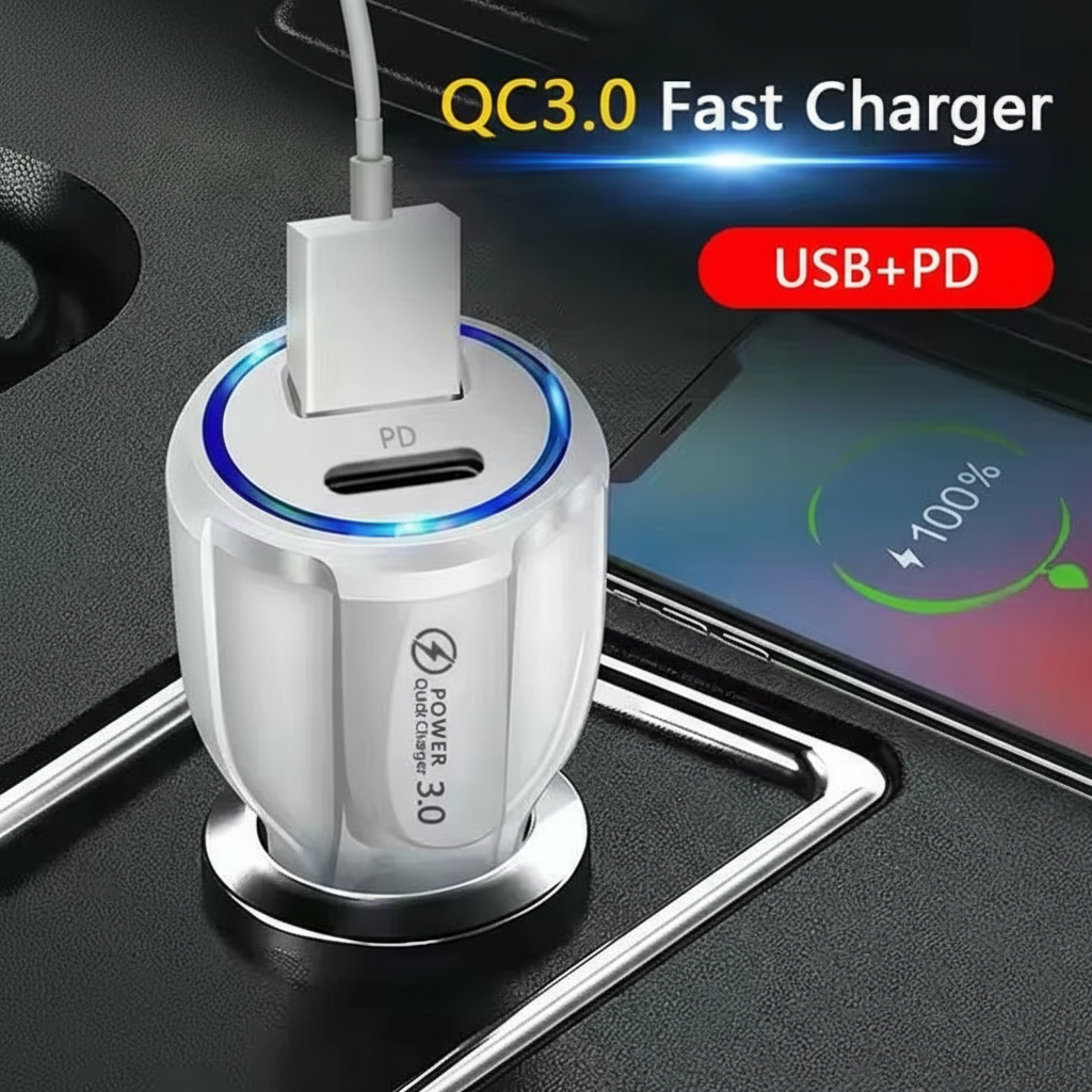 2 Outlets, White, Car Cell Phone Charger, High Power, 3A