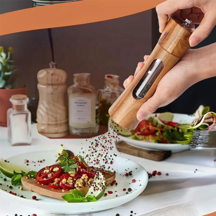 Transparent Window Acacia Wood Grinder Set, 8" Tall, 3-Piece with Base