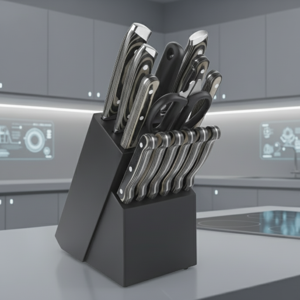 Professional Kitchen Knives Set, 15pcs – Includes Block, Sharpener and Scissors