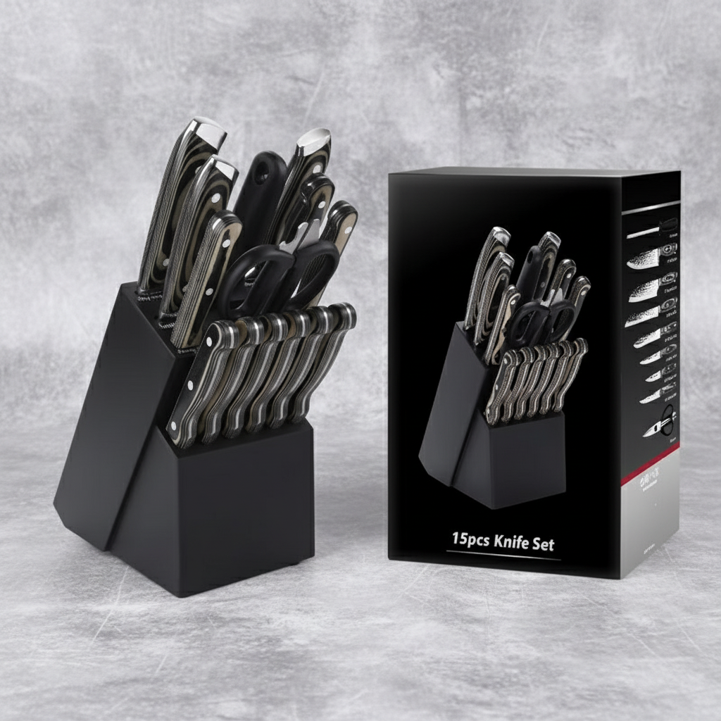 Professional Kitchen Knives Set, 15pcs – Includes Block, Sharpener and Scissors