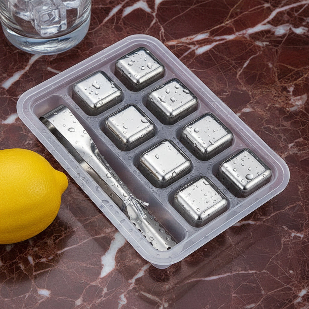 Beverage Chilling Cubes, Stainless Steel, 8 pcs with Tongs Set