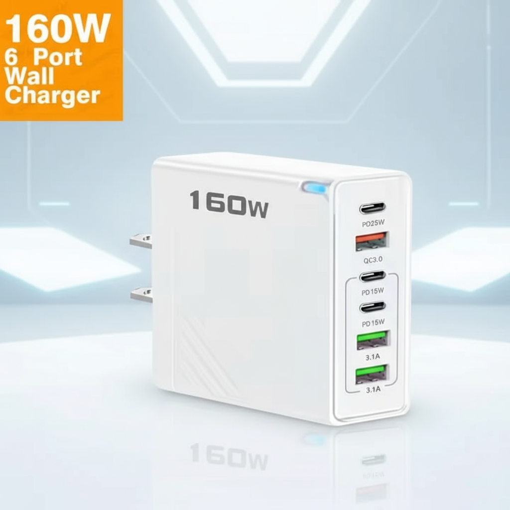 6 Outlets Charging Station, White, Extra High Power 160W, Box Included