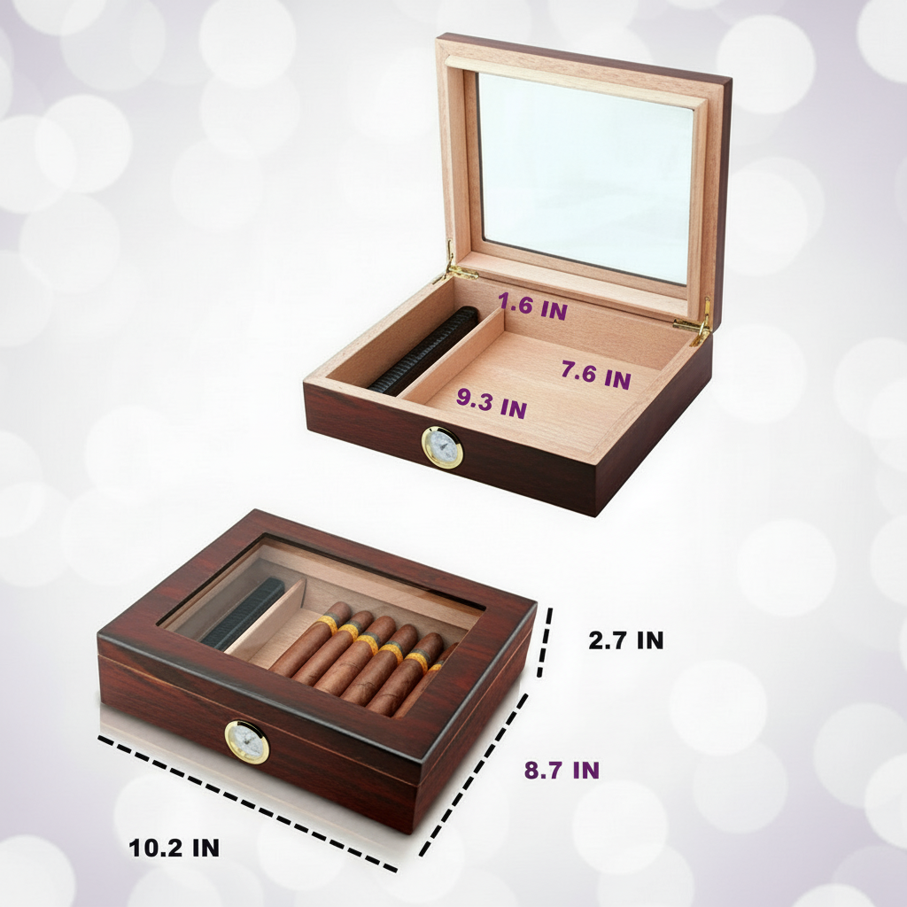 Cigar Box, Spanish Cedar, Brown, with Hygrometer and Humidor, 9x7 inch