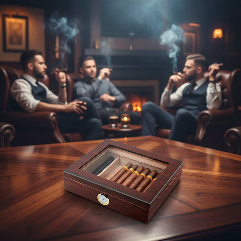 Cigar Box, Spanish Cedar, Brown, with Hygrometer and Humidor, 9x7 inch