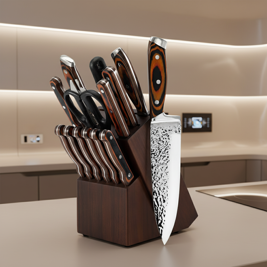 Professional Kitchen Knives Set, 15pcs – Includes Block, Sharpener and Scissors