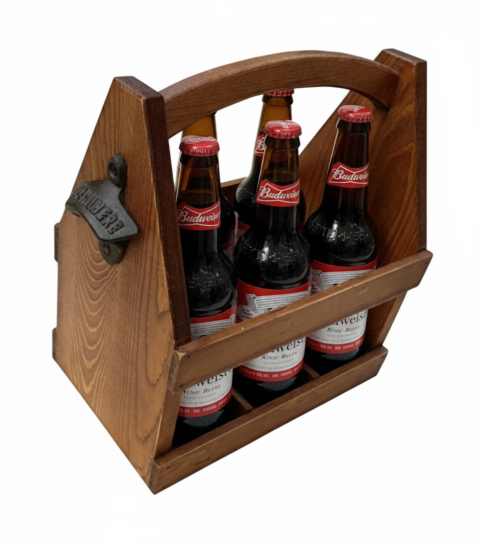 Beer Carrying Box with Bottle Opener. Fits 6 Beer bottles or cans. Natural Hardwood.