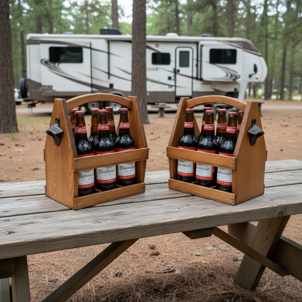 Beer Carrying Box with Bottle Opener. Fits 6 Beer bottles or cans. Natural Hardwood.