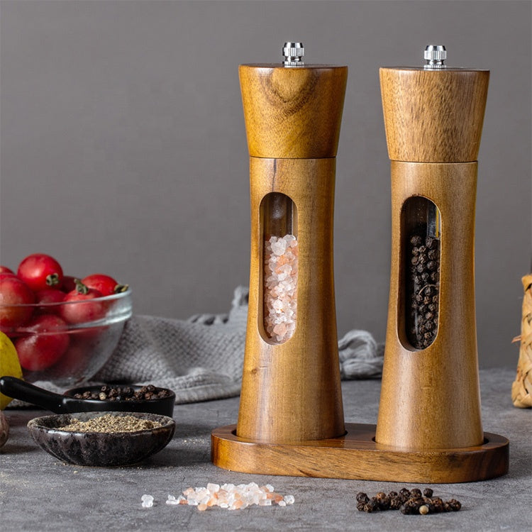 Transparent Window Acacia Wood Grinder Set, 8" Tall, 3-Piece with Base
