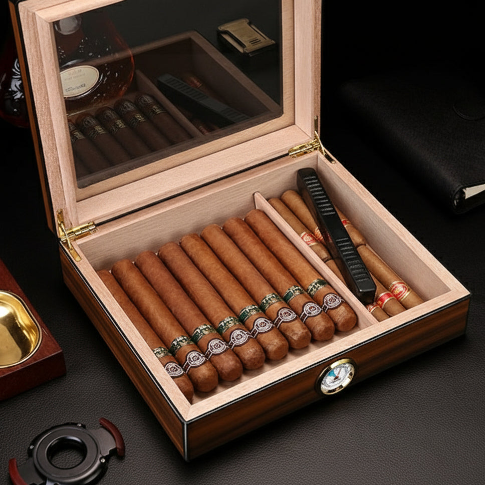 Cigar Box, Spanish Cedar, Black, with Hygrometer and Humidor, 9x7 inch