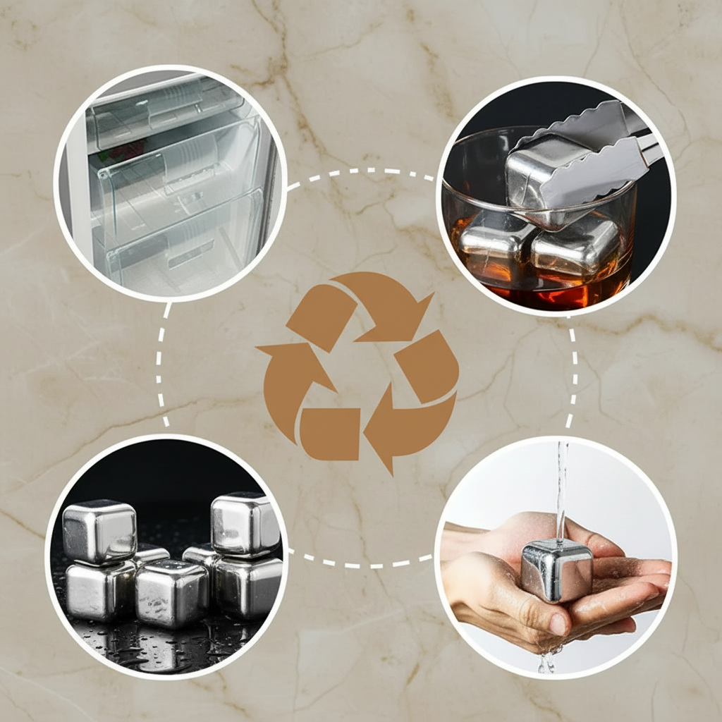 Beverage Chilling Cubes, Stainless Steel, 8 pcs with Tongs Set