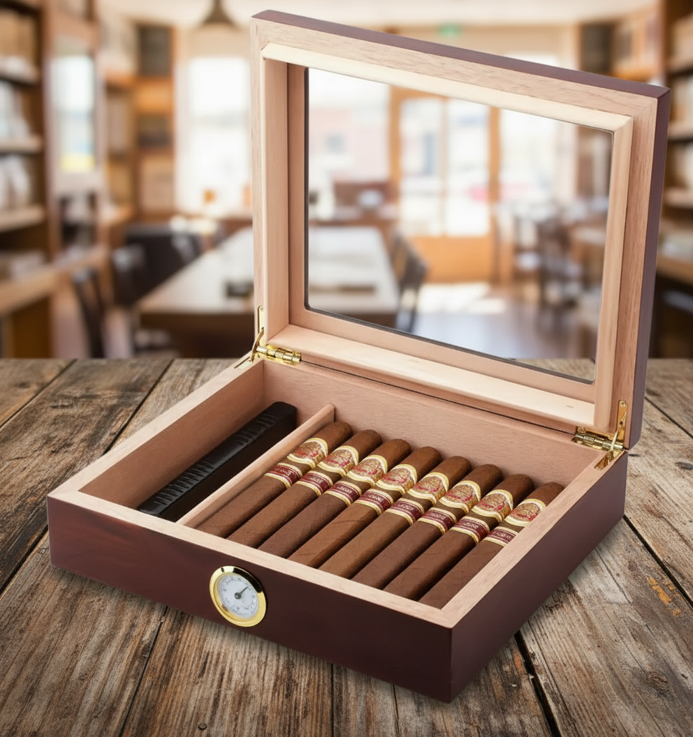 Cigar Box, Natural Hardwood, 10.2x8.7 inches, with Hygrometer and Humidor