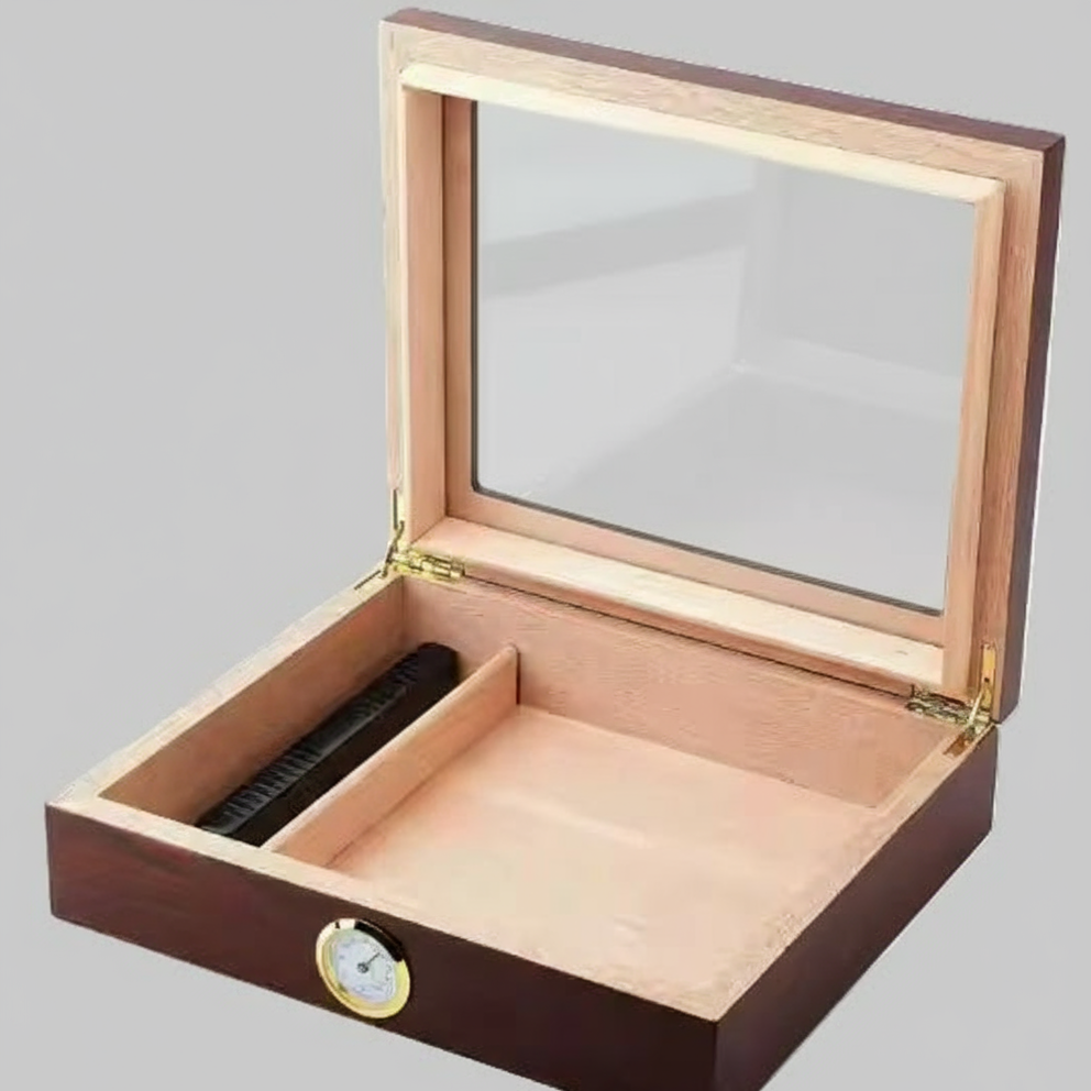 Cigar Box, Spanish Cedar, Brown, with Hygrometer and Humidor, 9x7 inch