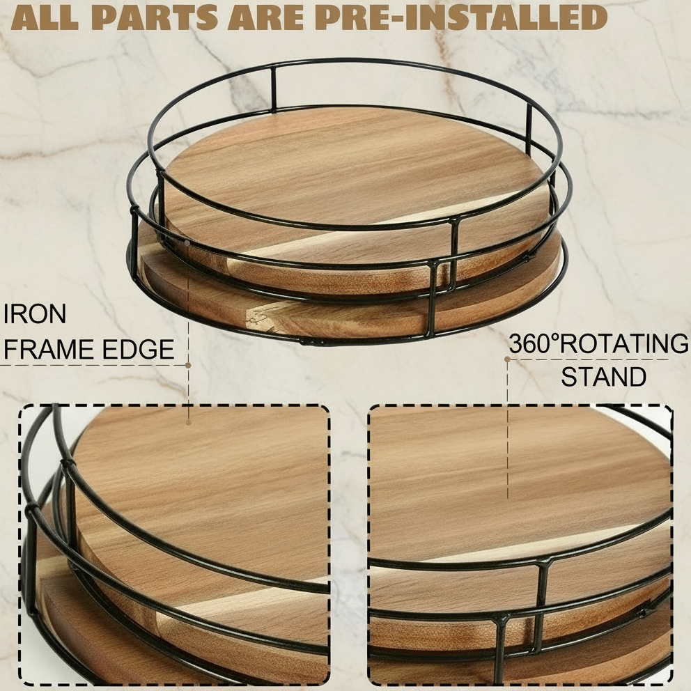 Acacia Wood Lazy Susan Kitchen Organizer, 12 inches, with Metal Frame