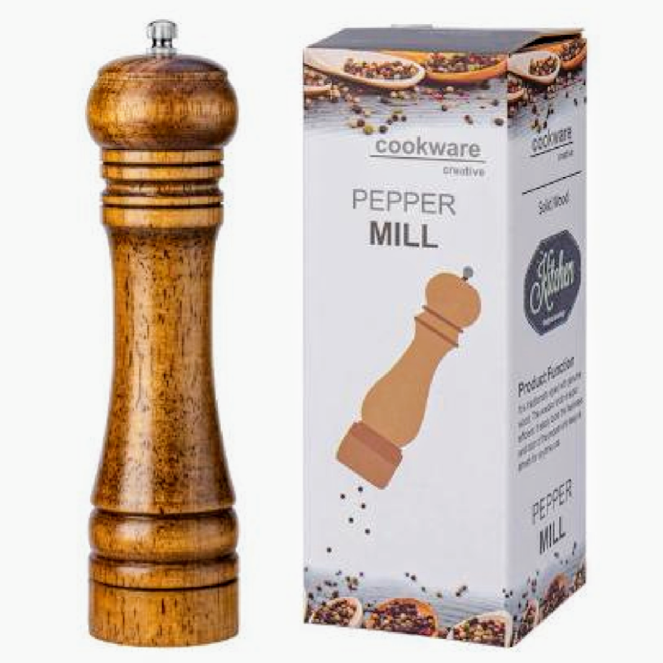 Classic style Pepper Grinder, 8", Natural Rubberwood