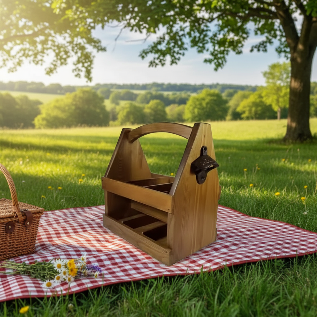 Beer Carrying Box with Bottle Opener. Fits 6 Beer bottles or cans. Natural Hardwood.
