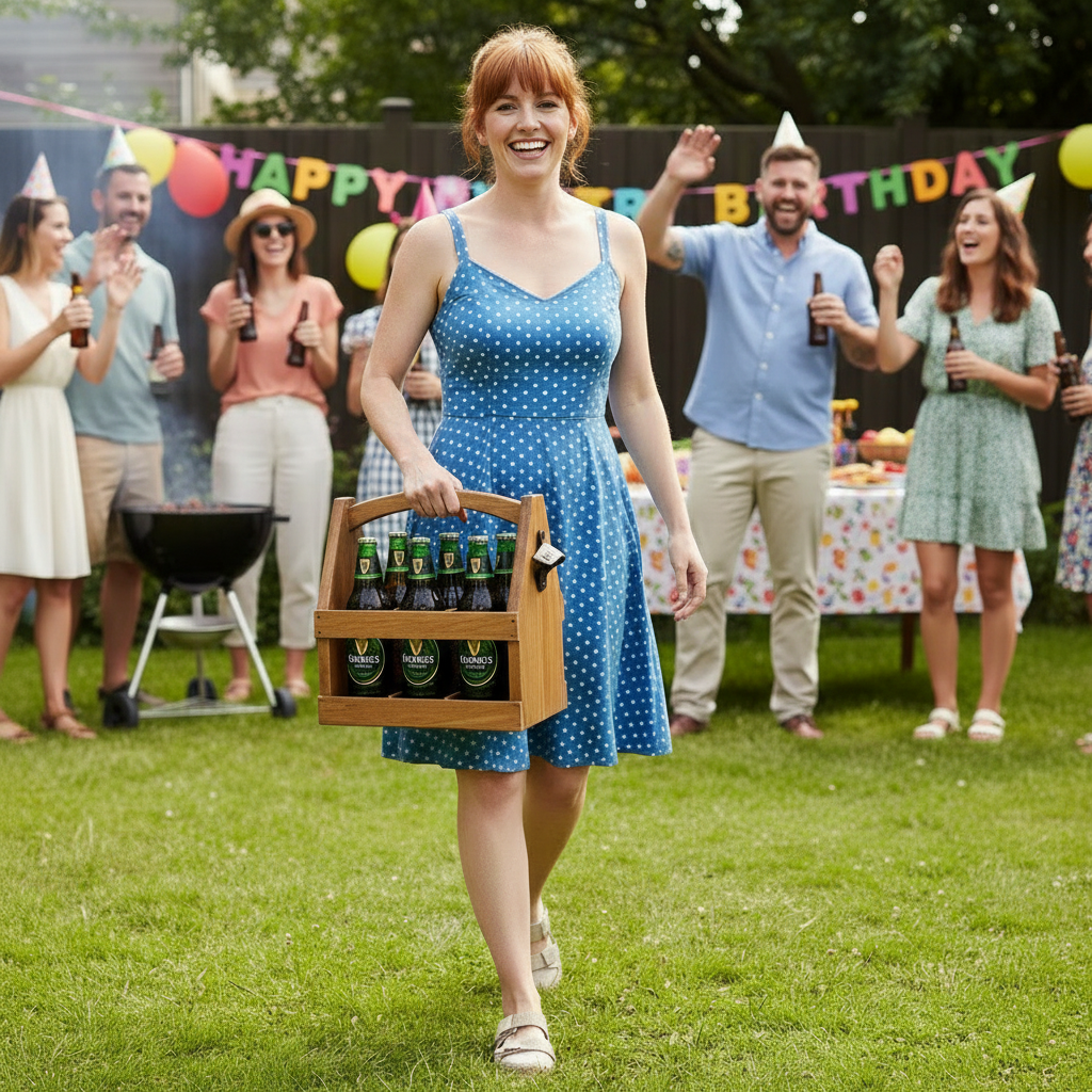 Beer Carrying Box with Bottle Opener. Fits 6 Beer bottles or cans. Natural Hardwood.