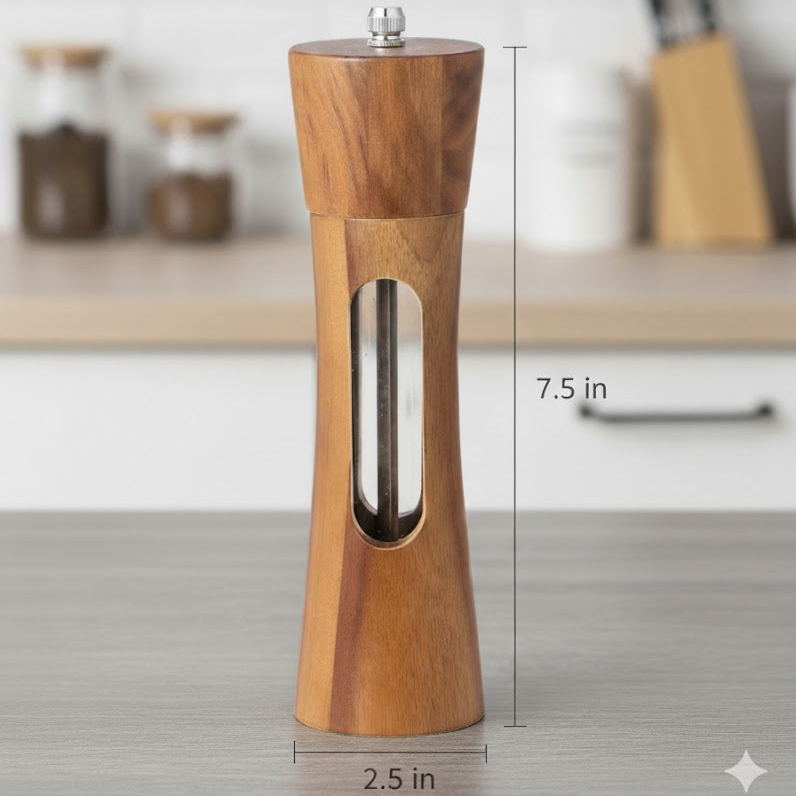 Transparent Window Acacia Wood Grinder Set, 8" Tall, 3-Piece with Base