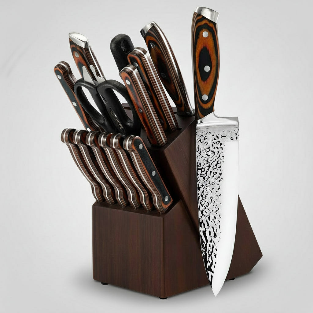 Professional Kitchen Knives Set, 15pcs – Includes Block, Sharpener and Scissors