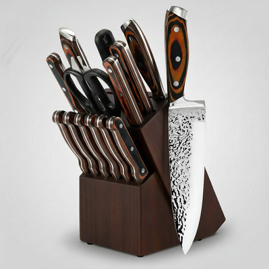 Professional Kitchen Knives Set, 15pcs – Includes Block, Sharpener and Scissors