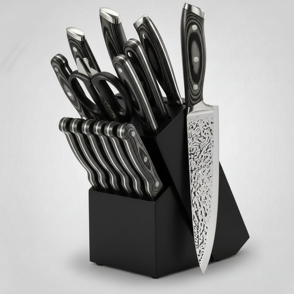 Professional Kitchen Knives Set, 15pcs – Includes Block, Sharpener and Scissors