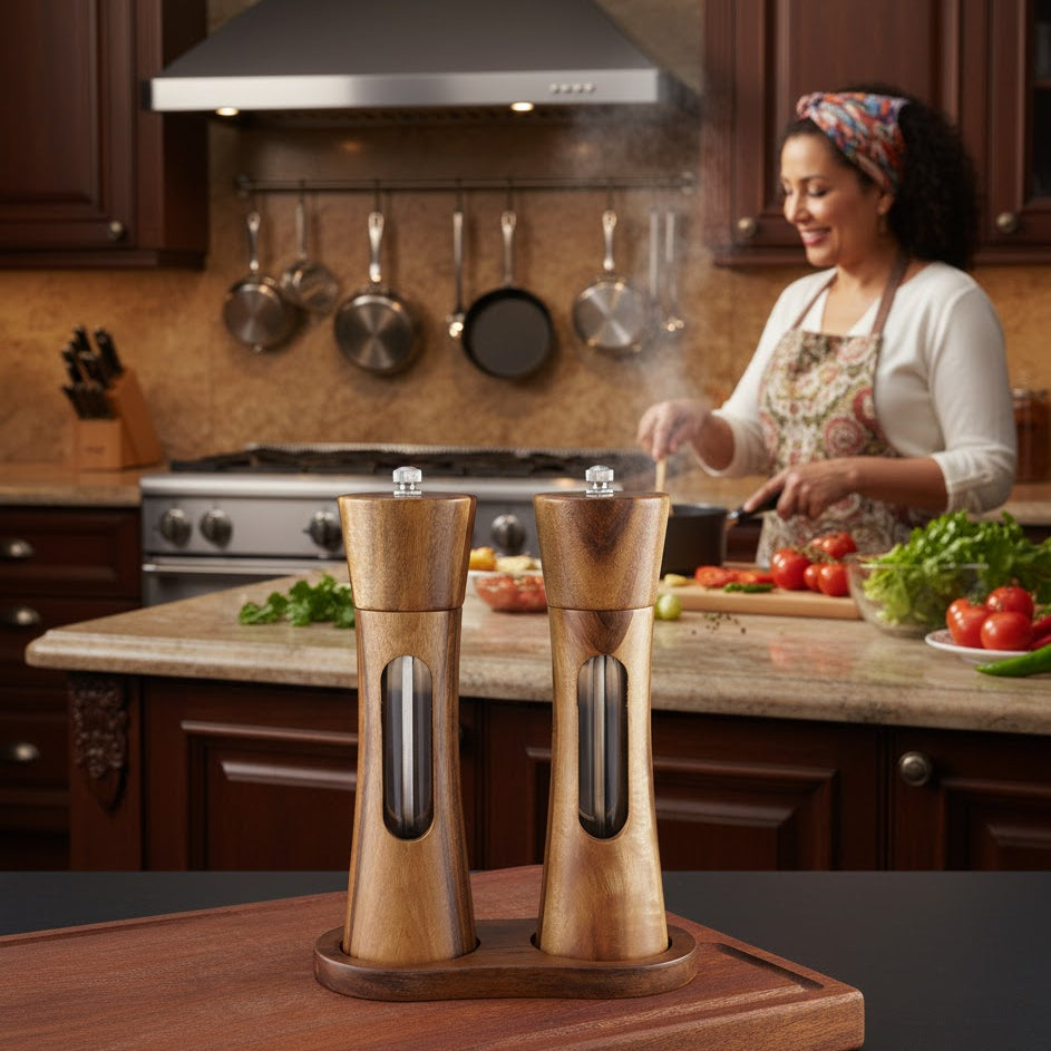 Transparent Window Acacia Wood Grinder Set, 8" Tall, 3-Piece with Base